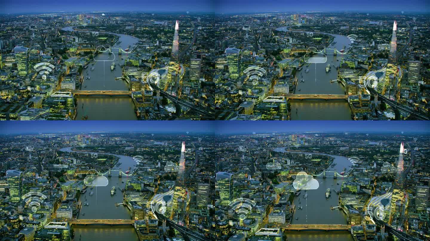 通过5G连接的未来城市。伦敦的高科技远景。无线网络、移动技术概念、数据通信、云计算、人工智能、物联网