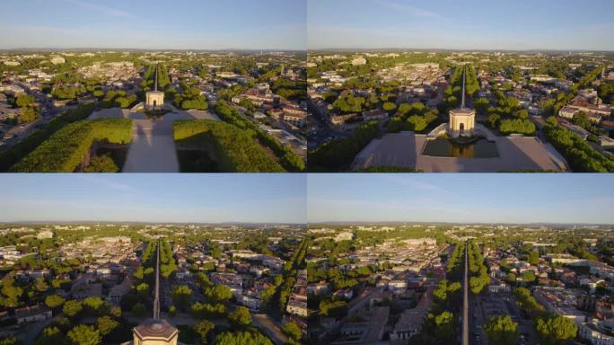 法国蒙彼利埃市，佩鲁花园和古水塔的无人机航拍画面。