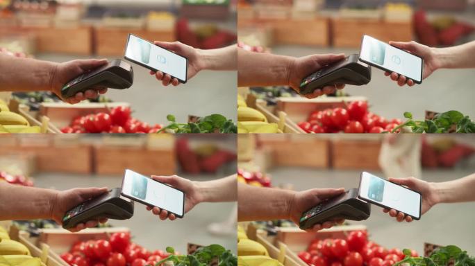 消费者使用数字信用卡购买有机农产品，通过银行销售点终端上的非接触式在线近距离通信技术，用智能手机软件
