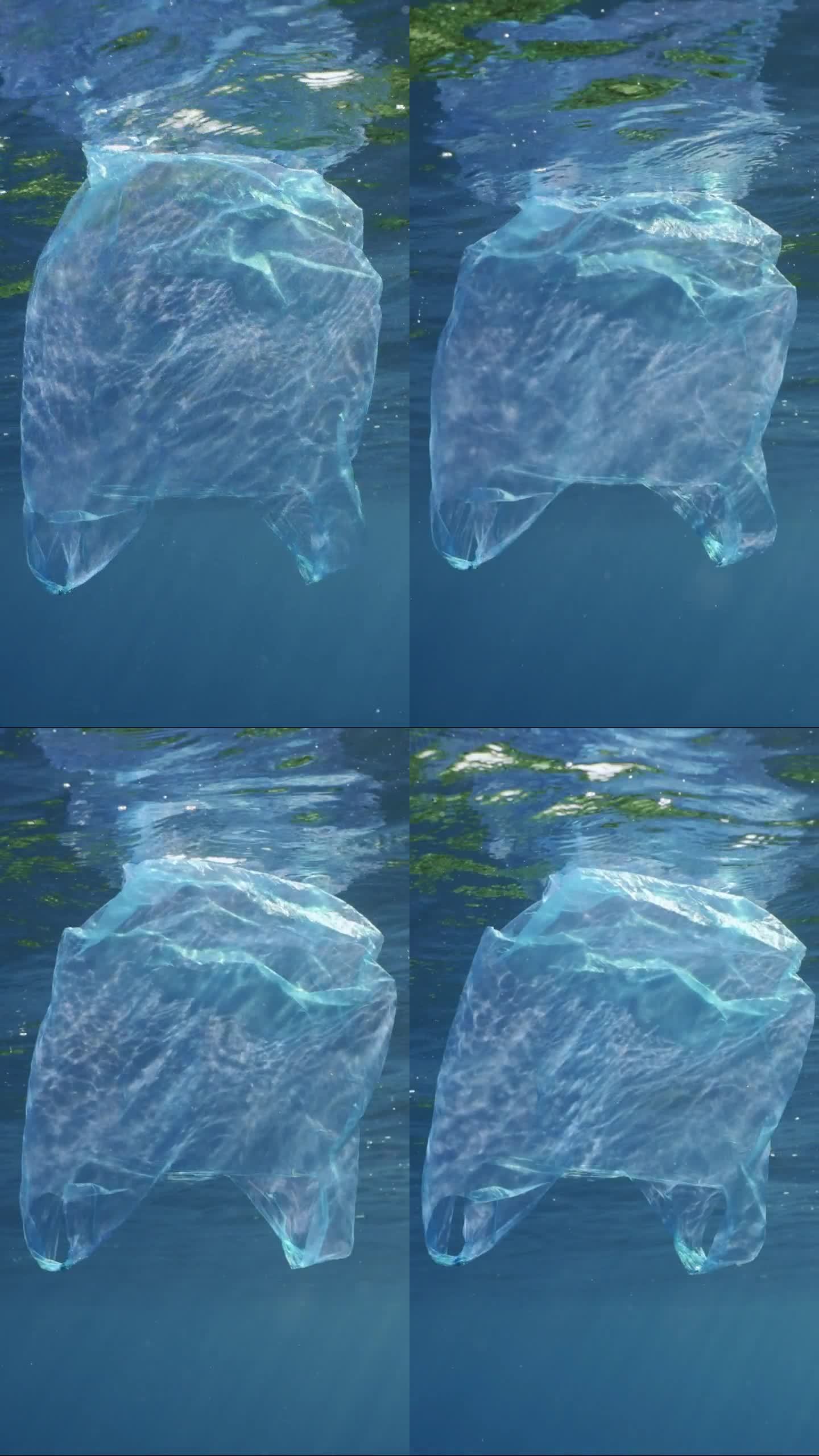 一次性蓝色塑料袋漂浮在蓝色的水中，在明亮的阳光下，慢动作