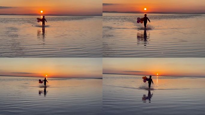 日落时分，小男孩在盐湖上朝着太阳走去。