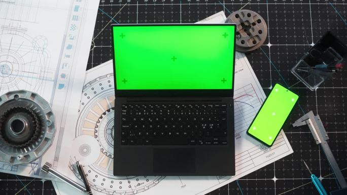 从上到下，一台笔记本电脑模拟绿屏站在工业办公桌上，旁边是一台带有模板Chromakey显示屏的智能手