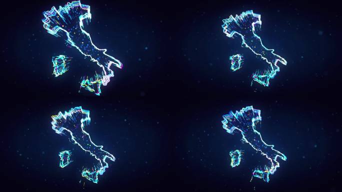 未来的蓝色甜彩色闪亮意大利地图3d线效果与方块粒子运动揭示深蓝色闪光尘