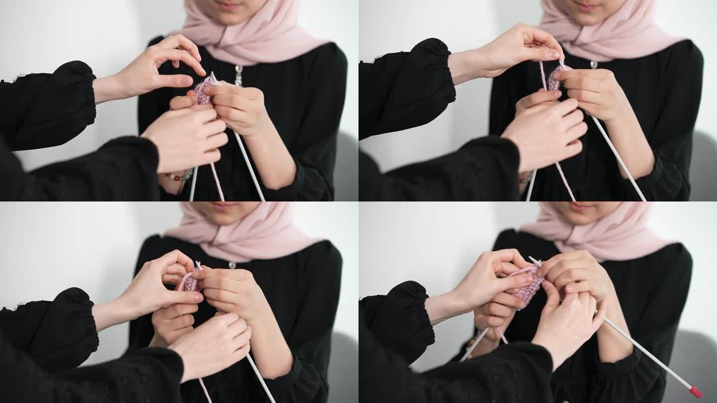 学习毛线编织的女学生