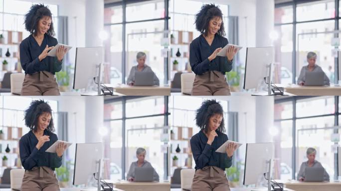 平板电脑，女性和创意作家在办公室的业务，工作和键入电子邮件在启动。技术，微笑和非洲专业撰稿人在互联网