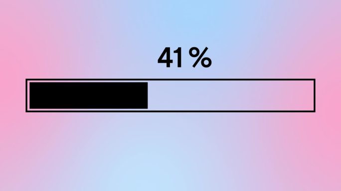 简单的黑色进度或加载器条动画。加载器条从零到百分之百渐变粉红色和蓝色的背景发现。4K分辨率动画。