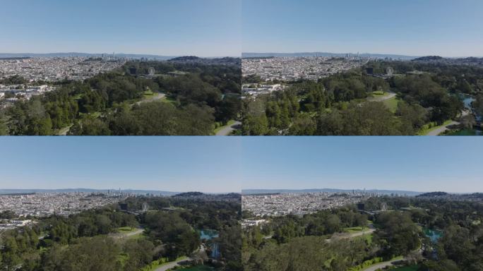 大都市的航拍全景镜头。蓝天下绿意盎然的大型公园。美国加州旧金山