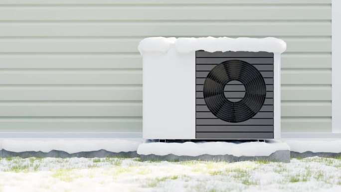 动画逼真的3d渲染的虚拟空气源热泵与旋转风扇安装在一个房子外面的混凝土基础上。冬天下雪了。