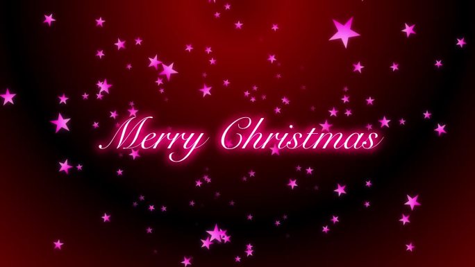 圣诞快乐的文字出现，而发光的粉红色星星从红色和黑色渐变的背景。节日问候。