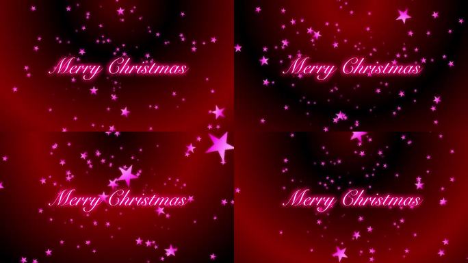 圣诞快乐的文字出现，而发光的粉红色星星从红色和黑色渐变的背景。节日问候。