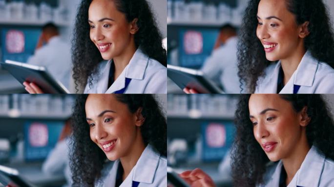 科学，研究和快乐的女人在实验室里进行医学分析和创新。药物分析，医学研究和微笑，科学家检查互联网数据或