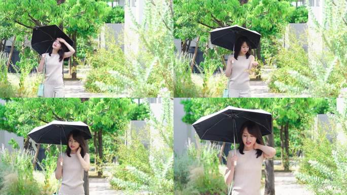 炎热的天气里，一个女人撑着伞走着
