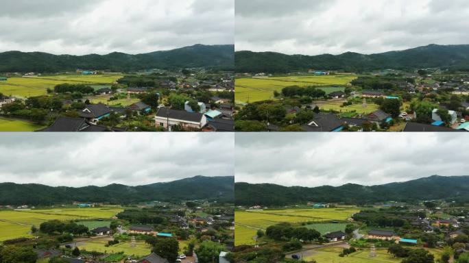 鸟瞰有传统韩国房屋的农村地区。韩国以山脉为背景的无人机视图