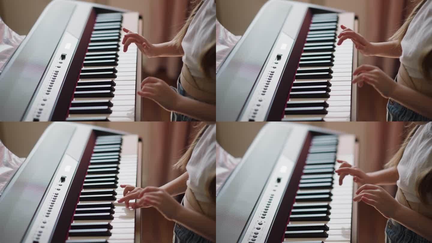 学生在客厅用电子钢琴演奏旋律