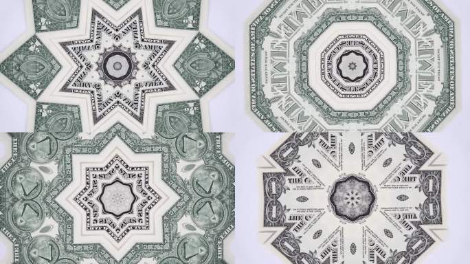 万花筒1美元马赛克，特写钞票美国一元钞票抽象背景。