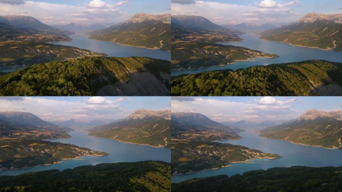 Serre-Poncon湖鸟瞰图，大摩根峰，尚特卢贝湾和远处的savine -le- lac村。杜朗
