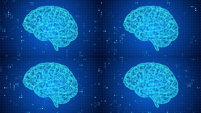 人工智能的象征。在蓝色的网络空间背景下，由发光电路板和移动电子组成的大脑。大脑回路和电子学。网络和技