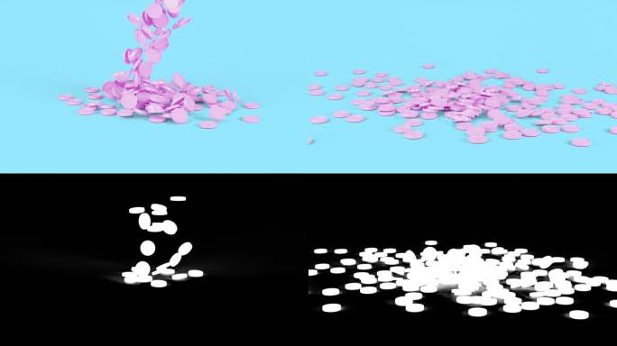 3d动画粉红色的硬币钱落在蓝色的背景。
