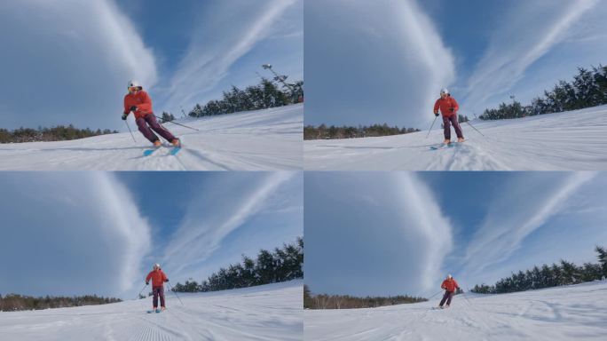 滑雪者从高山滑雪道上下来