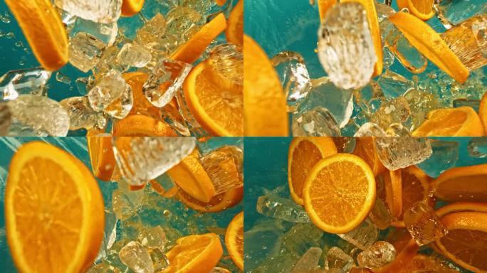 柑橘橙片和冰块在蓝色背景上飞或落，慢动作垂直或水平。新鲜多汁的橙子和果汁，冰块和水滴飞溅倒在超级慢动
