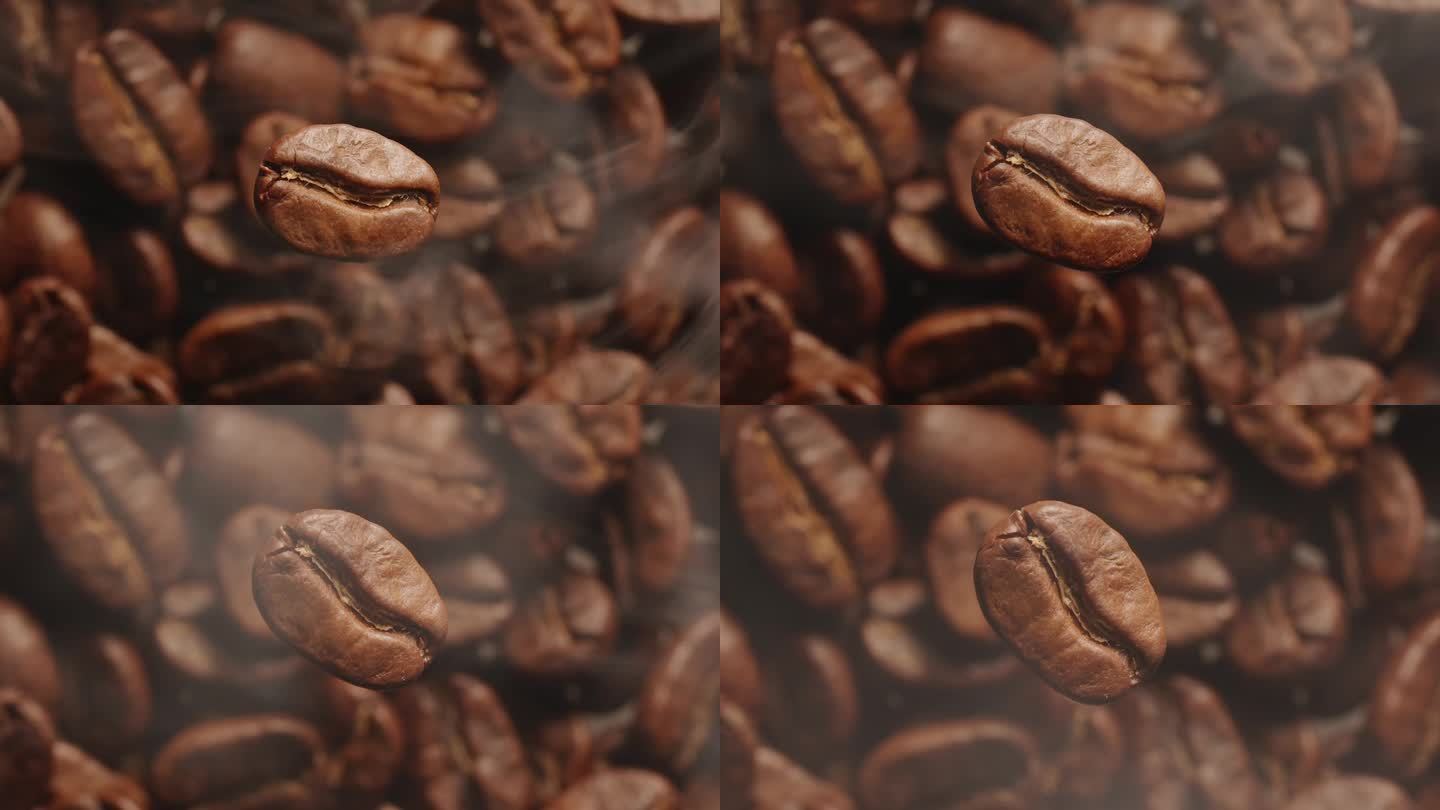 微距慢动作视频一个旋转的咖啡豆与焦外背景的烘焙咖啡豆，咖啡颗粒被笼罩在烟雾从烘焙。