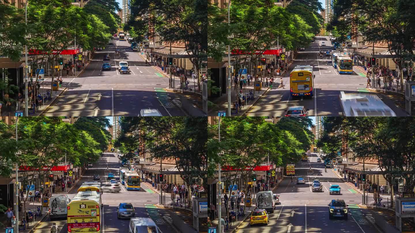 澳大利亚昆士兰州布里斯班中央商务区皇后街周围的公交车和行人的4K延时镜头
