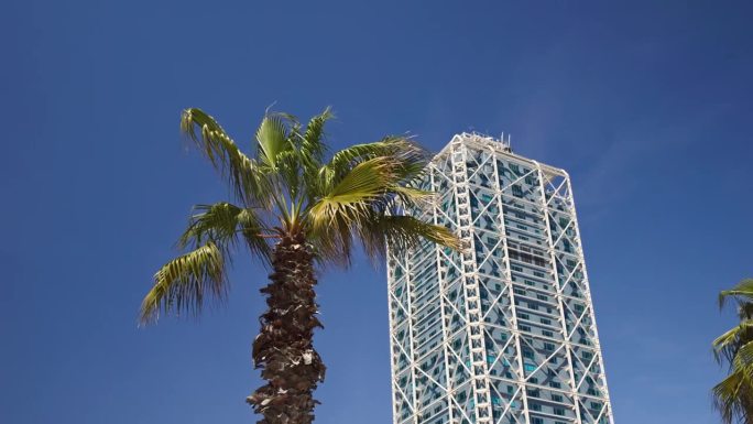 巴塞罗那塔，Mapfre和酒店艺术与棕榈树在风中。
