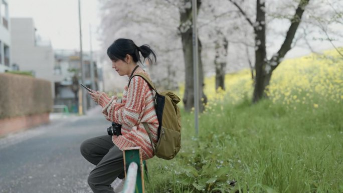 快乐的亚洲妇女用手机向家人发送樱花树的照片。