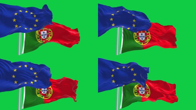 绿色背景上的葡萄牙国旗与欧盟国旗相互隔离