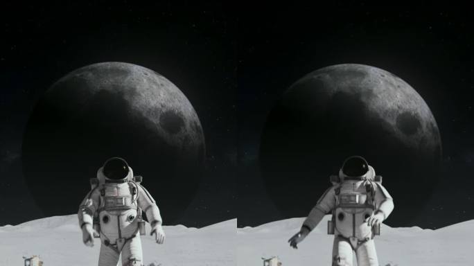 宇航员探索太空行星。遥远的月亮在天空中，覆盖着岩石。第一位宇航员登上太空星球。月球车和基站。先进技术