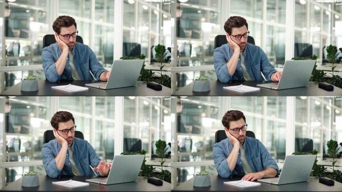 无聊的男服务经理戴着眼镜有不高兴的表情。办公室里昏昏欲睡打哈欠的无聊专家。疲惫不堪的商人、企业家感到