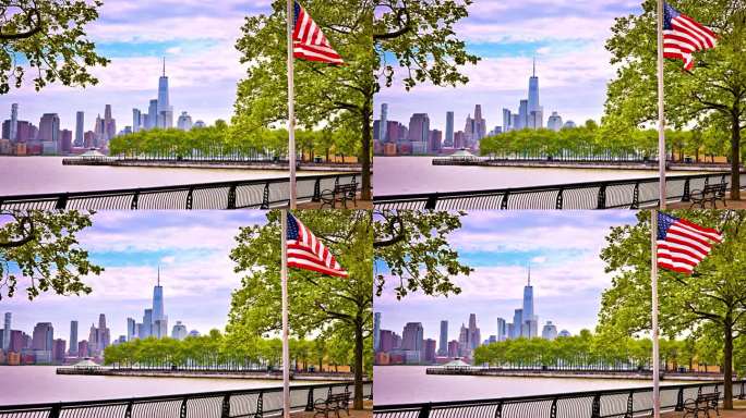 美国国旗和曼哈顿金融区