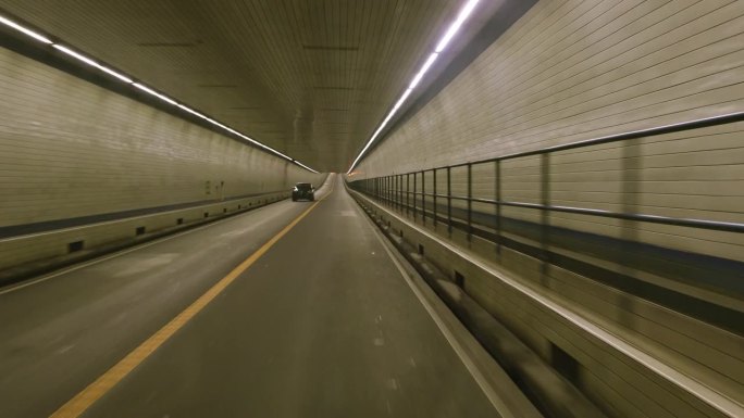 在弗吉尼亚州，汽车驶过一条灯火通明的隧道。驾驶牌照，POV汽车司机