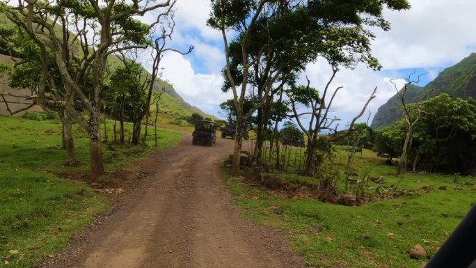 驾驶越野车穿越夏威夷侏罗纪公园。开车穿过泥土。侏罗纪世界的美丽风景。岛上有巨大的绿色山脉，有很多绿色