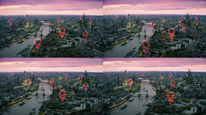 空中智慧城市。连接未来城市的本地化图标。技术理念、数据通信、人工智能、物联网。伦敦的天际线。用红色武