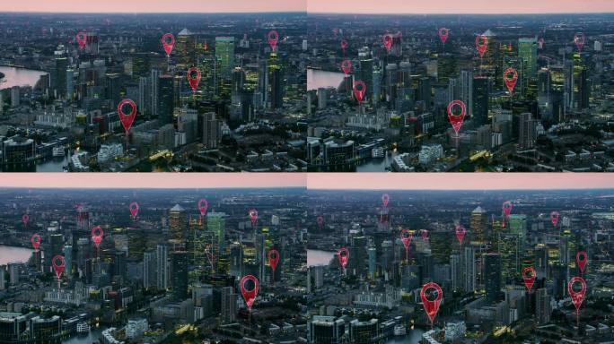 伦敦天际线的空中未来观。连接城市中的本地化图标。技术理念、数据通信、人工智能、物联网。英格兰。用红色