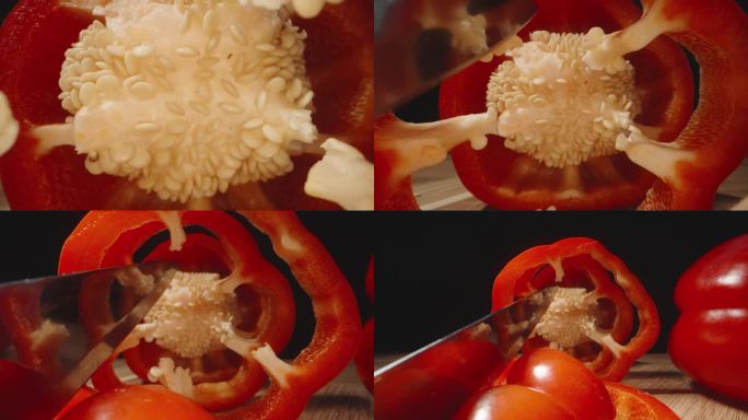 切菜板上的红辣椒。摄像机在切好的辣椒片中穿行。多莉滑块极端特写。
