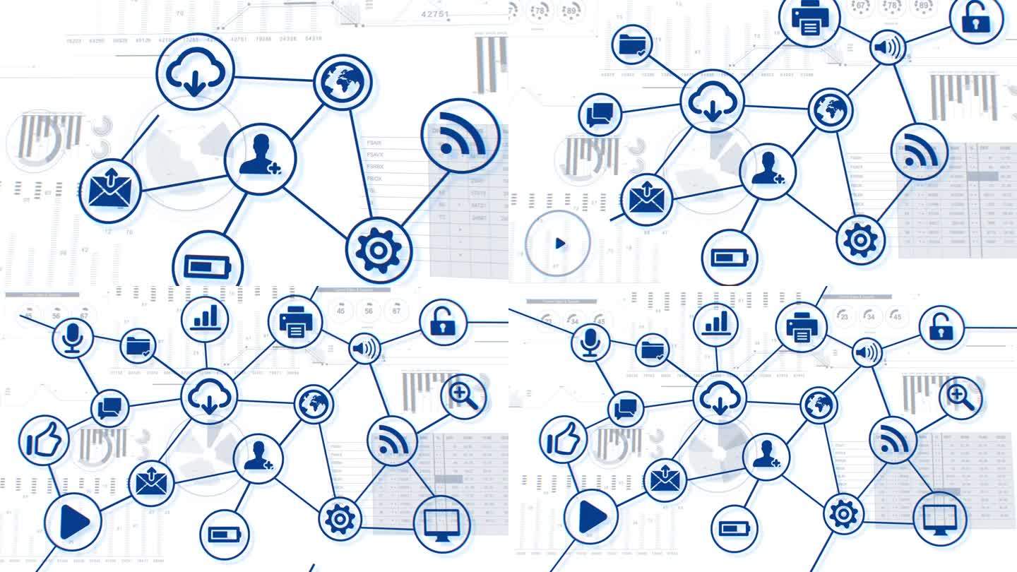 数字网络接口与图标和链接增长的抽象业务图形在白色背景三维动画。技术概念