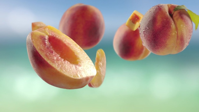 飞桃和桃子片在海滩热带夏季背景