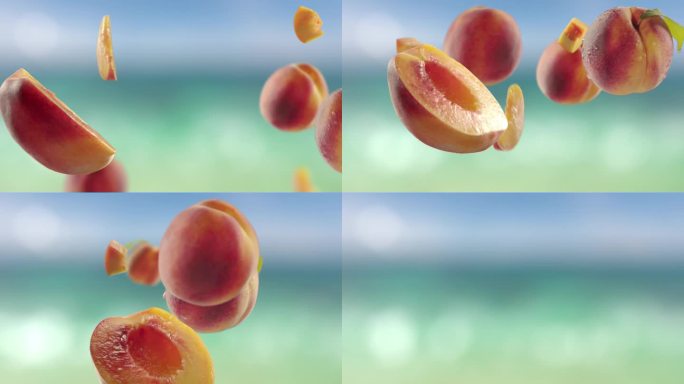 飞桃和桃子片在海滩热带夏季背景