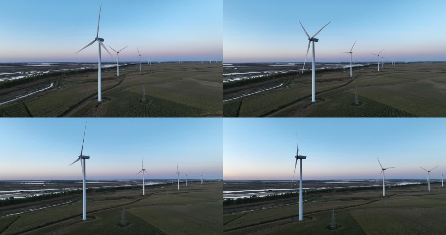 夕阳下风能风力发电厂风电场风车航拍