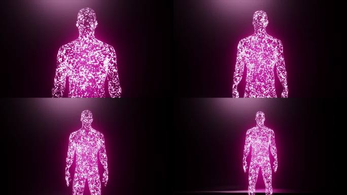 人工智能可视化。一个人的身影出现在霓虹紫色的发光粒子中。黑暗抽象背景。3 d动画。
