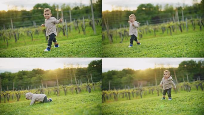 可爱的小男孩走在草地的斜坡上