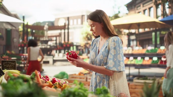 一名妇女在当地农贸市场的摊位上购买新鲜蔬菜。年轻美丽的女性选择红灯笼椒和番茄从一个选择与有机化学品的