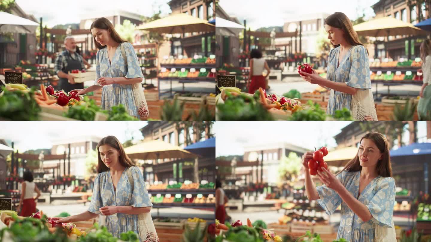 一名妇女在当地农贸市场的摊位上购买新鲜蔬菜。年轻美丽的女性选择红灯笼椒和番茄从一个选择与有机化学品的