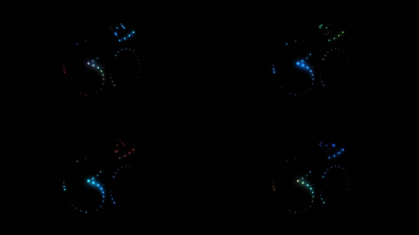 彩虹渐变的OM符号，孤立在黑色背景上，从众多发光的蓝色霓虹灯点中平滑地隐约可见。4k循环视频动画60