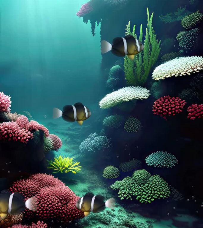 海底背景与珊瑚礁上的黄尾小丑鱼