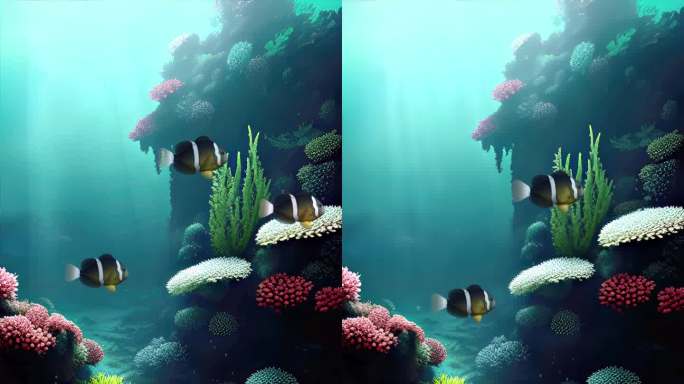 海底背景与珊瑚礁上的黄尾小丑鱼