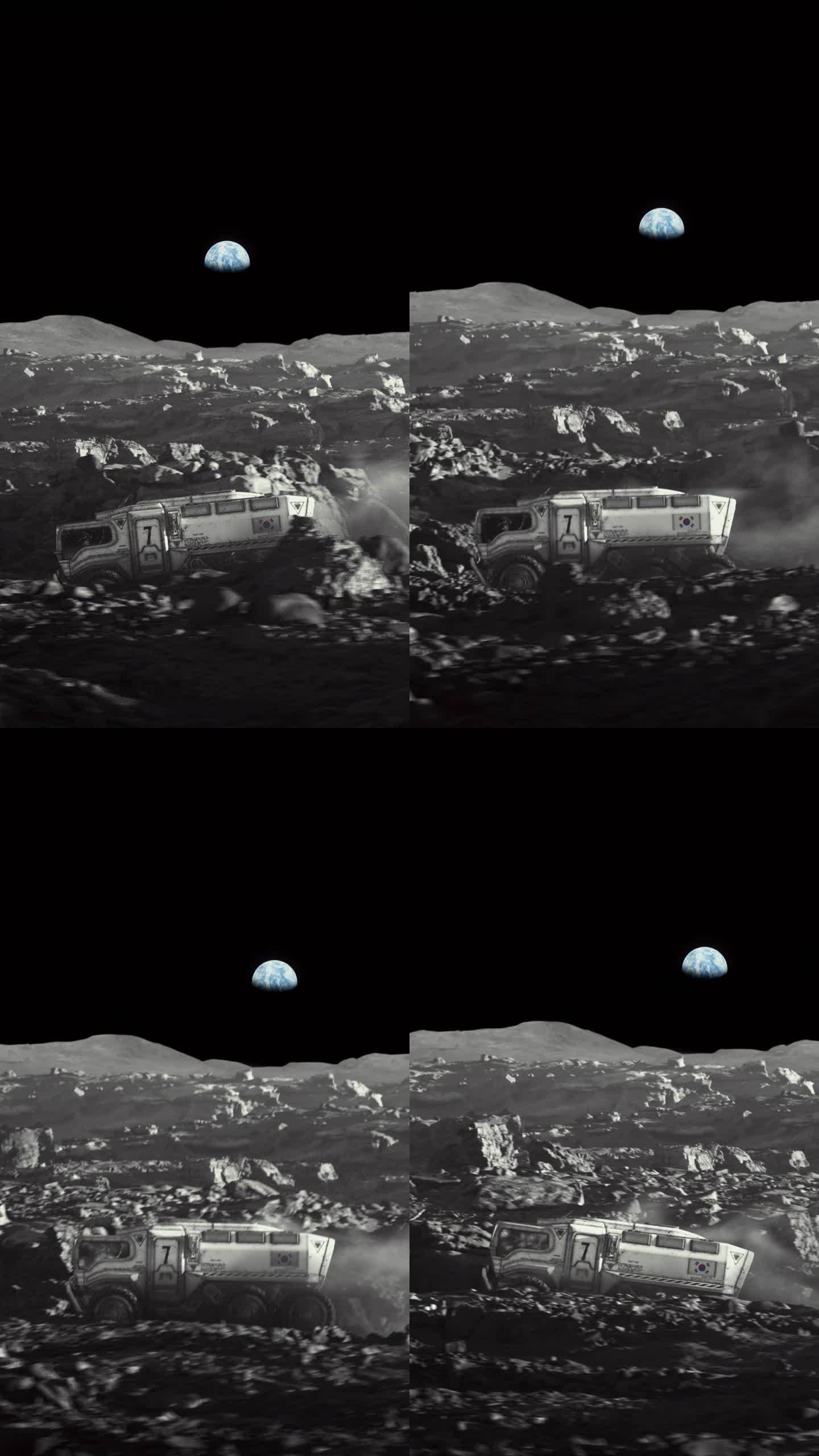 月球的太空殖民。放大带着韩国国旗的月球车探索月球表面的垂直视频