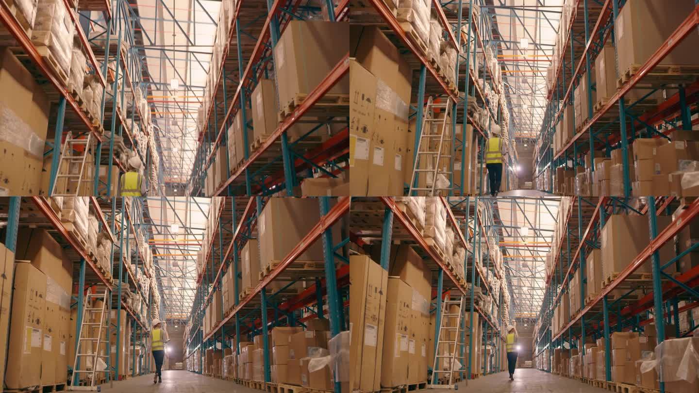 海运、物流和运输、送货或快递服务方面的仓储和检验。在制造仓库检查货物进出口和供应链包装的女工